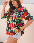 Adhara Flower Embroidered Trim Half Sleeve Blouse