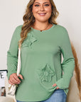 Grass Green Flower Applique Mineral Wash Plus Size Top