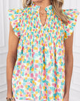 Abstract Shirred Ruffle Sleeve Blouse