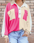 Colorblock Collared Ribbed Patchwork Pocketed Sweatshirt