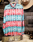 Turquoise Orange Aztec Unisex Western Button UP Shirt