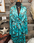 All Turquoise Women's Long Sleeve Belted Satin Feel Dressing Lounge Robe