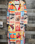 Vintage Rodeo Poster Button-Up Long Sleeve Shirt Duster Dress