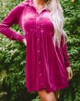 Velvet Button-Up Long Sleeve Ruffle Dress
