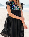 Veda Floral Embroidered Tiered Ruffled Mini Dress