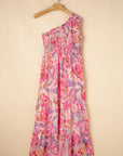 Malaysia Floral Print Shirred One Shoulder Maxi Dress