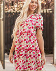 Ruby Floral Puff Sleeve Tiered Ric Rac Pocketed Mini Dress