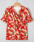 Floral Pleated Wrap V-Neck Blouse