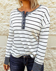 Stripe Waffle Knit Buttoned Henley Top