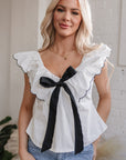 Azariah Contrast Bow Ruffle Trim V Neck Blouse