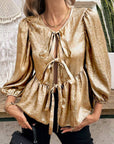 Metallic Bow Tie Front Peplum Blouse