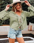 Natalia Bow Tie Front Ruffle Trim Long Sleeve Gauze Blouse