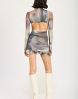 LONG SLEEVE RUFFLED MINI DRESS WITH CUTOUT