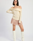 MIXED MEDIA OFF SHOULDER MINI DRESS