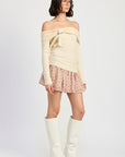 MIXED MEDIA OFF SHOULDER MINI DRESS