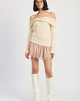 MIXED MEDIA OFF SHOULDER MINI DRESS
