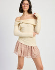MIXED MEDIA OFF SHOULDER MINI DRESS