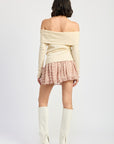 MIXED MEDIA OFF SHOULDER MINI DRESS