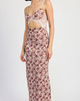 LACE CONTRASTED MIDI DRESS WITH SIDE SLIT