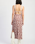 LACE CONTRASTED MIDI DRESS WITH SIDE SLIT