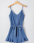 Aspyn Spaghetti Straps Ruffled Leg Chambray Romper