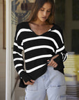 Stripe Caped V-Neck Slit Sleeve Sweater