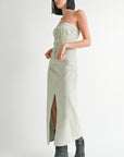 BUTTON UP TUBE DENIM DRESS WITH SLIT