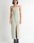 BUTTON UP TUBE DENIM DRESS WITH SLIT