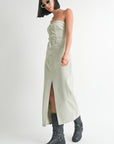 BUTTON UP TUBE DENIM DRESS WITH SLIT