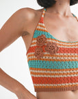 STRIPPED CROCHET TOP WITH NECK TIE