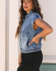 Nora Blue Acid Wash Elastic Hem Button Up Denim Vest