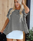 Alia Stripe Batwing Sleeve Crewneck Oversized Top