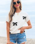 Kya Bow Pattern Knit Short Sleeve Sweater