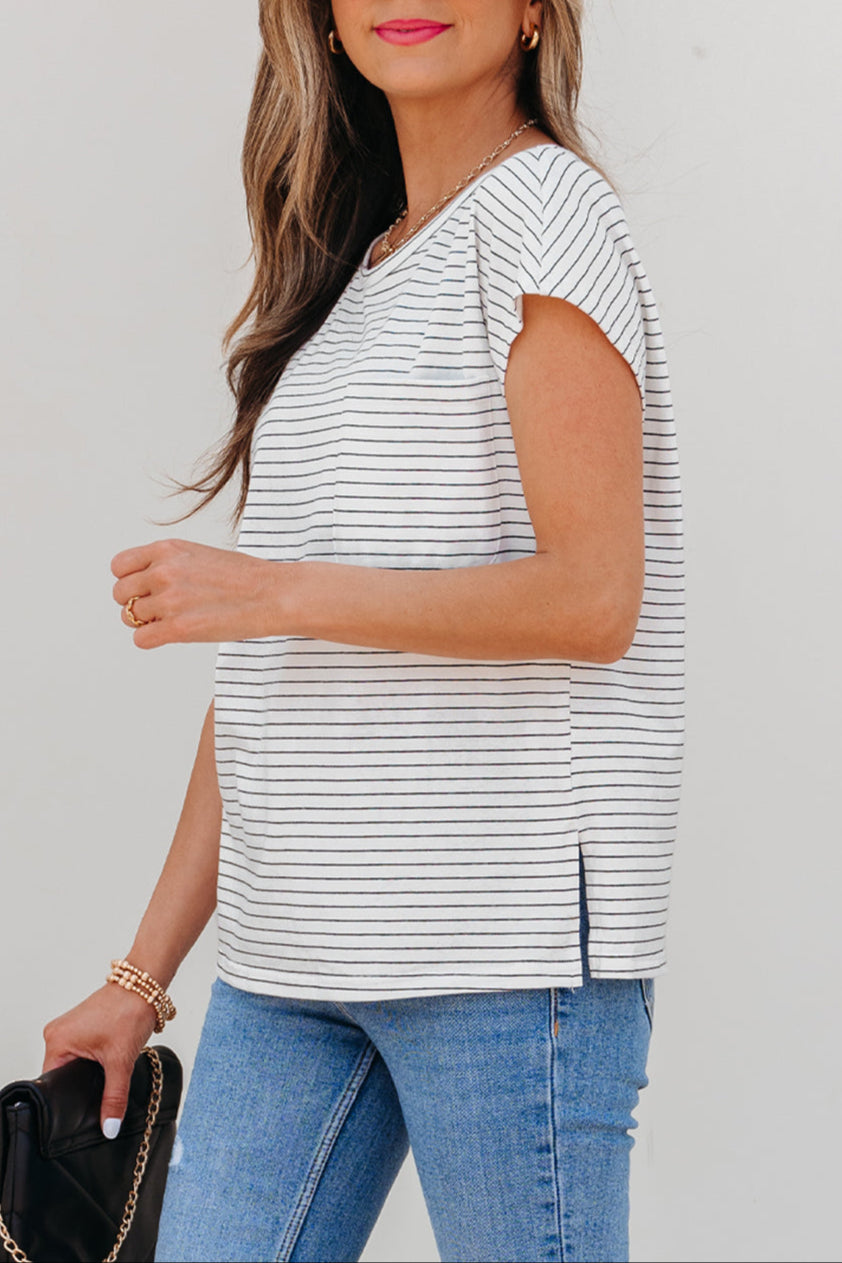 Stripe Cap Sleeve Crewneck Tee