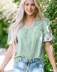 Reya Floral Embroidered Puff Sleeve Split Neck Blouse