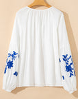 Floral Embroidered Drawstring V-Neck Blouse