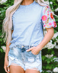 Pearl Gingham Floral Embroidered Puff Sleeve Blouse