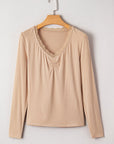Lace Trim Ruched V-Neck Long Sleeve Top