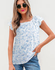 Floral Bow Back Ruffle Sleeve Blouse