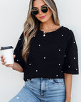 Demi Pearl Beaded Drop Shoulder Crewneck Top
