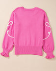 Corded Flower Bow Ribbed Trim Casual Sweater