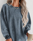 Solid Ribbed Knit Round Neck Pullover Sweatshirt