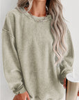 Solid Ribbed Knit Round Neck Pullover Sweatshirt