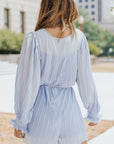 Irene Pleated Ruffled Tie Waist Buttons V Neck Romper
