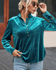 Velvet Frilled Neck Buttoned Top
