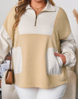 Khaki Stripe Mix Half Zip French Terry Plus Size Sweatshirt