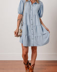 Arya Shirt Collar Button Up Puff Sleeve Tiered Dress