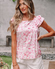 Floral Bow Back Ruffle Sleeve Blouse