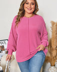 Bonbon Spiral Ribbed Exposed Seam Detail Plus Size Long Sleeve Top