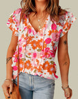 Joy Split V Neck Ruffle Sleeve Floral Blouse